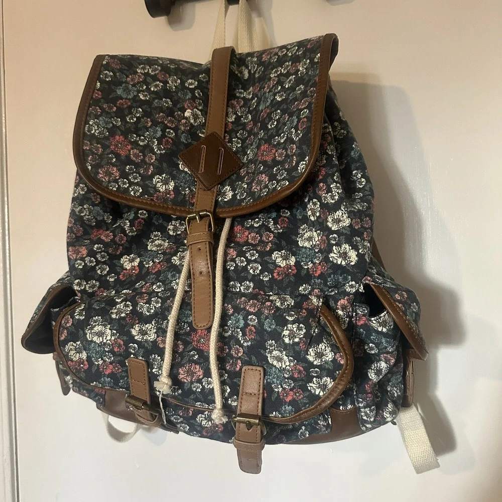 Vintage Y2K MUDD Canvas Floral Print Boho Backpack Satchel Bag‎ w/Leather Trim